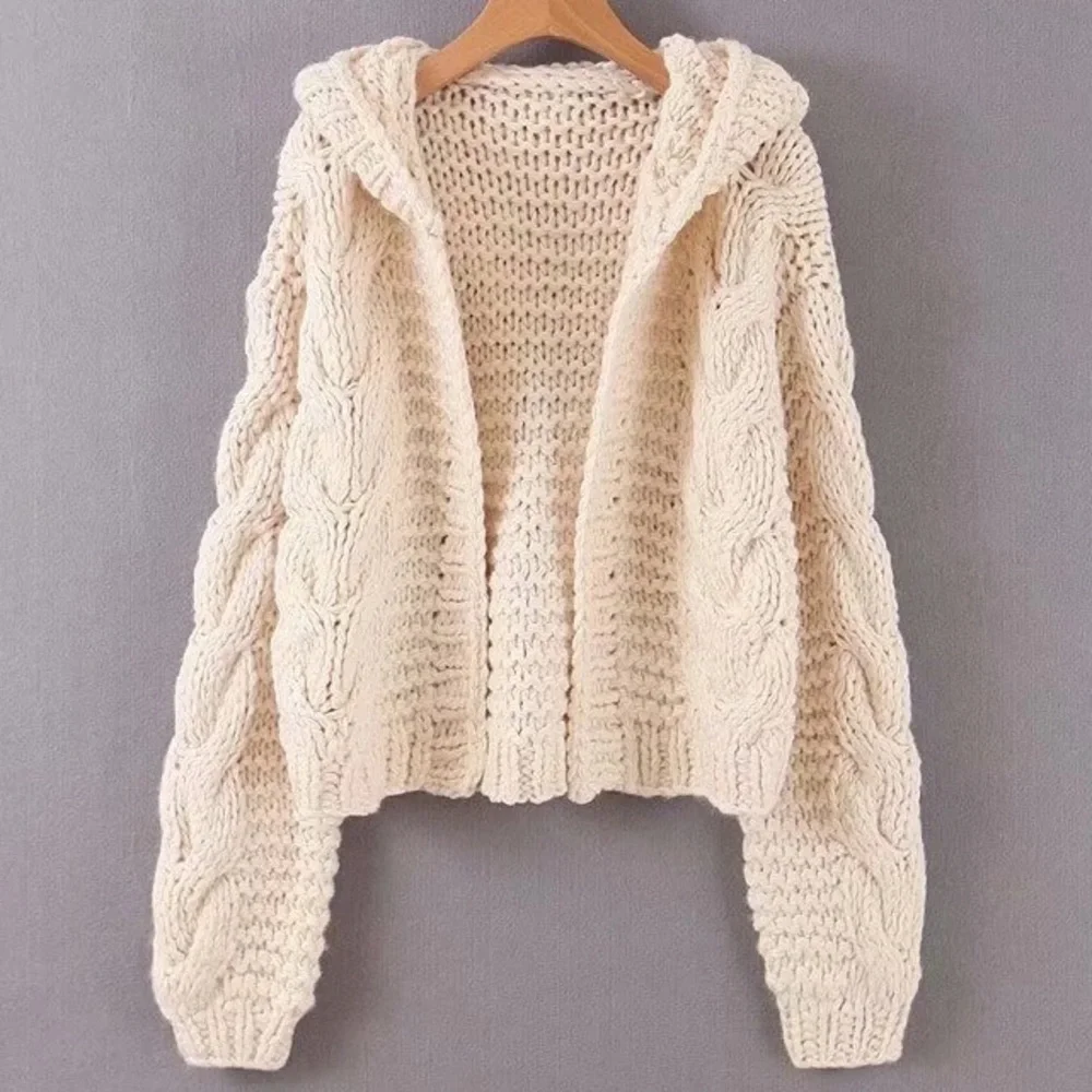 Chunky knit cardigan cream cable knit hoodie sweater womens long sleeve thick - Picture 1 of 15